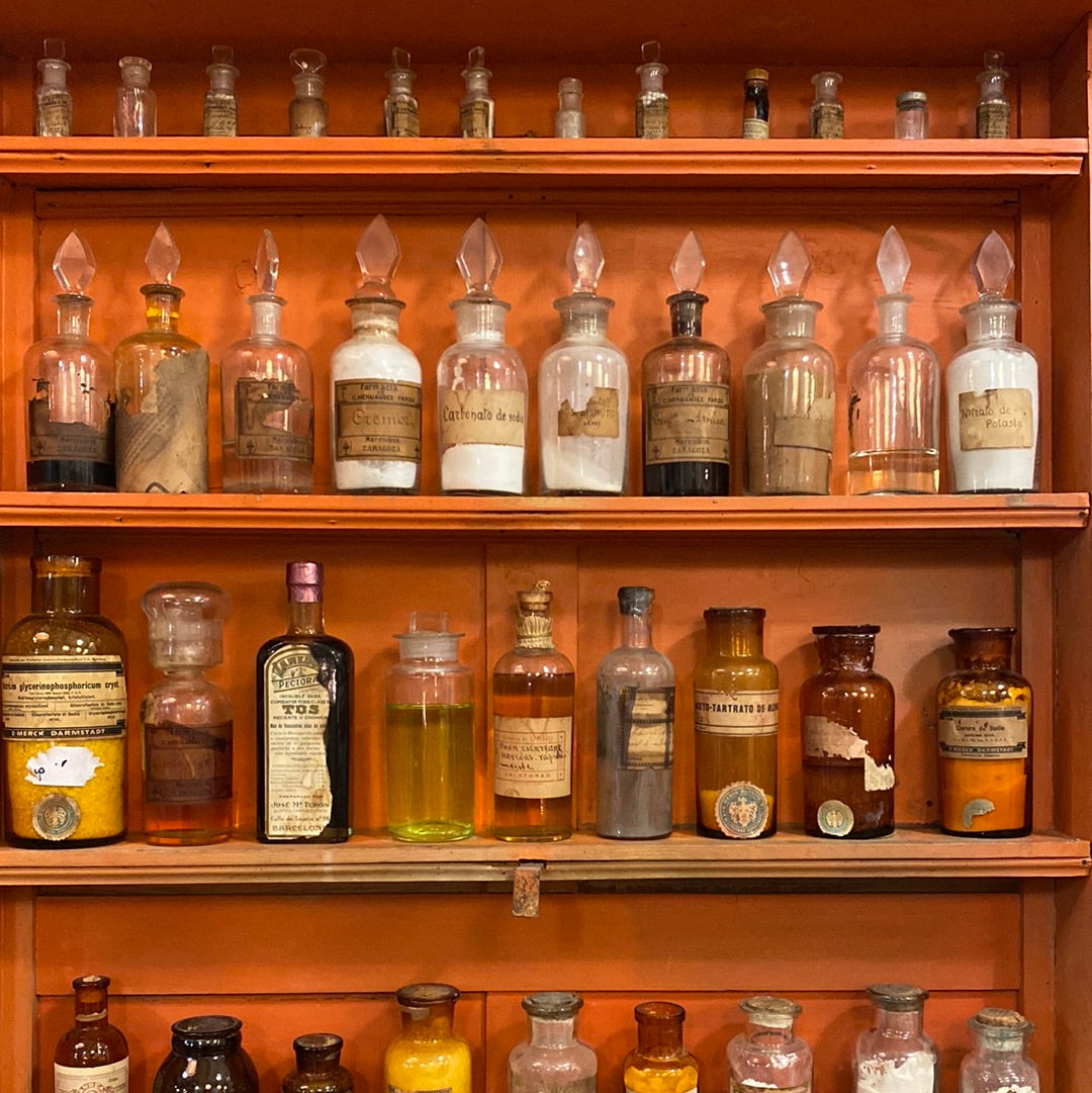 Spanish Antique Apothecary Cabinet, ca. 1800s with Original Bottles