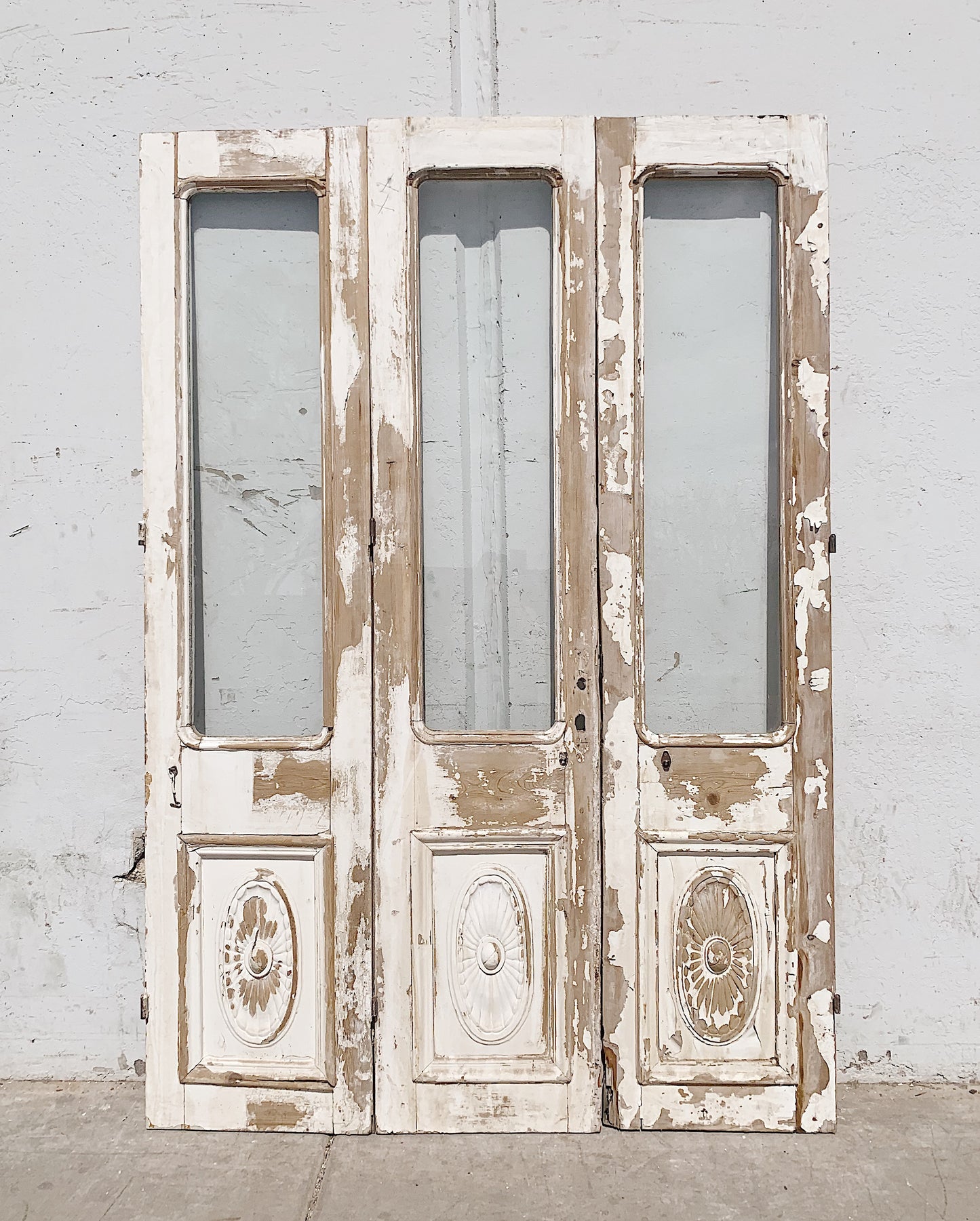 Set of 3 Panel Wood Carved Doors with Half Glass Lite