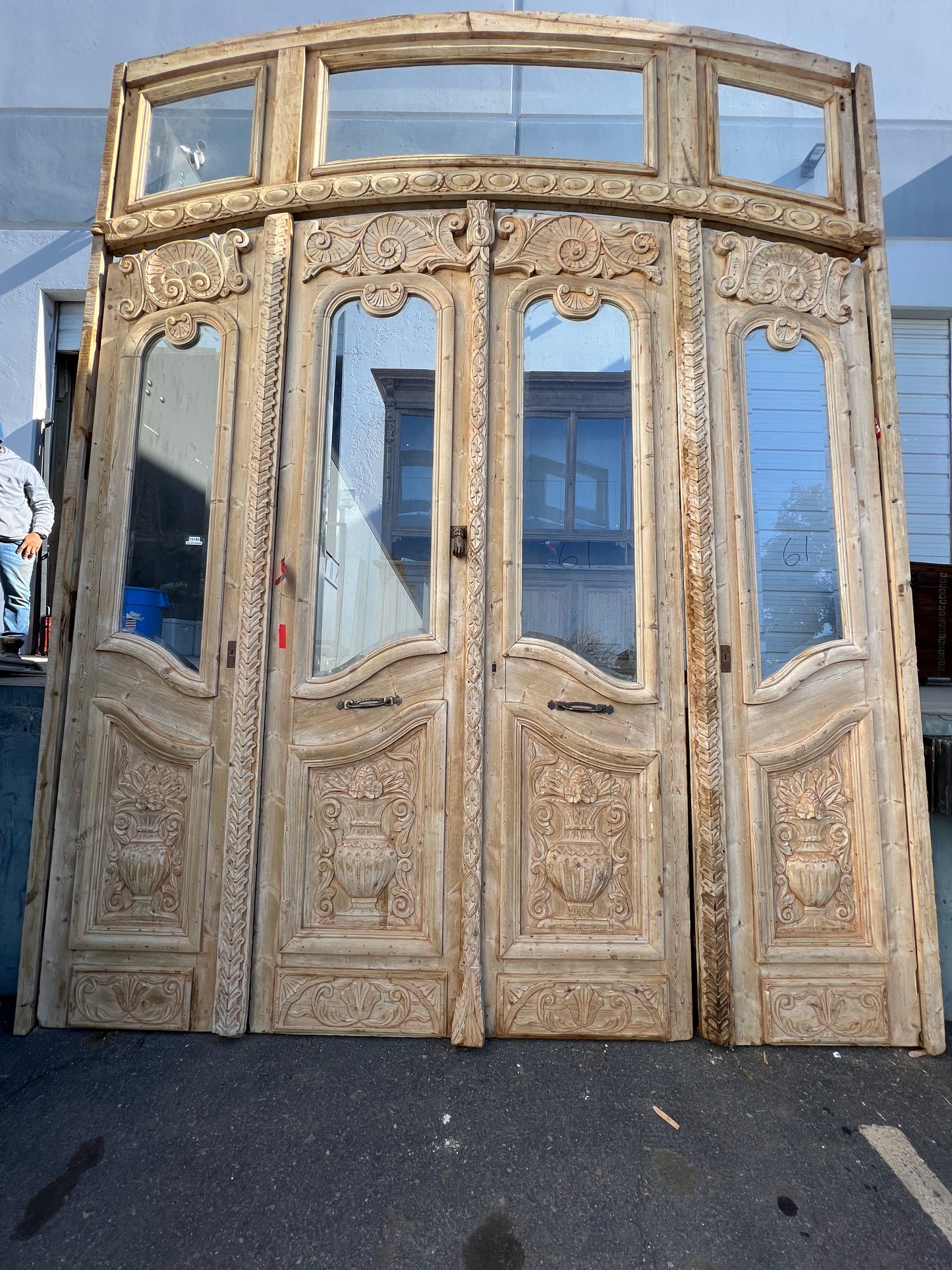 Set of 4 Antique Arched Carved Wood Doors with Transom