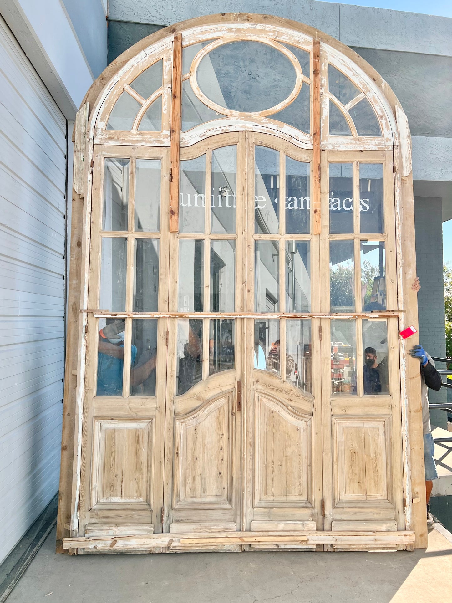 Set of 4 Antique French Doors with 24 Lites and Arched Transom Window