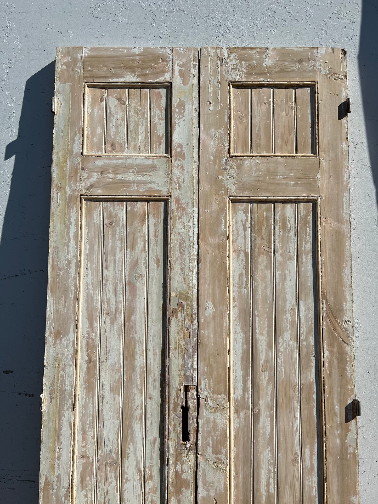 Pair of Washed Antique Solid Wood 3-Panel French Doors