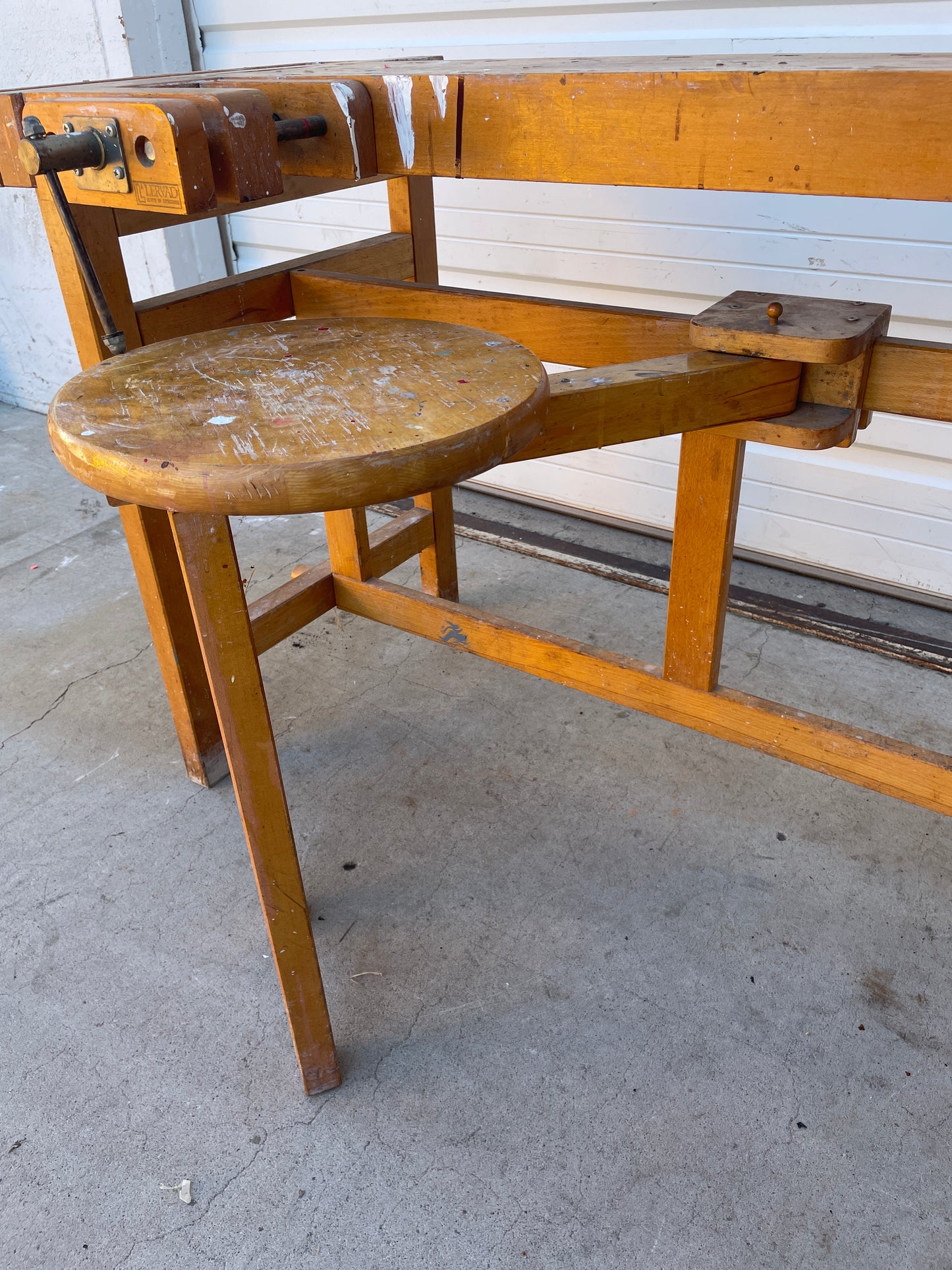 La Lervad Wooden Work Table with Removable Sliding Stool and Two Vices - Made in Denmark