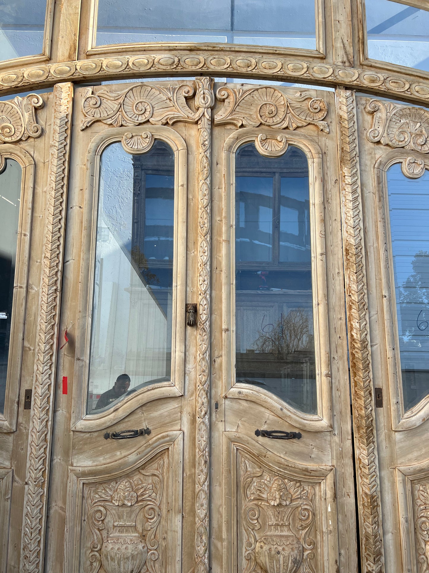 Set of 4 Antique Arched Carved Wood Doors with Transom