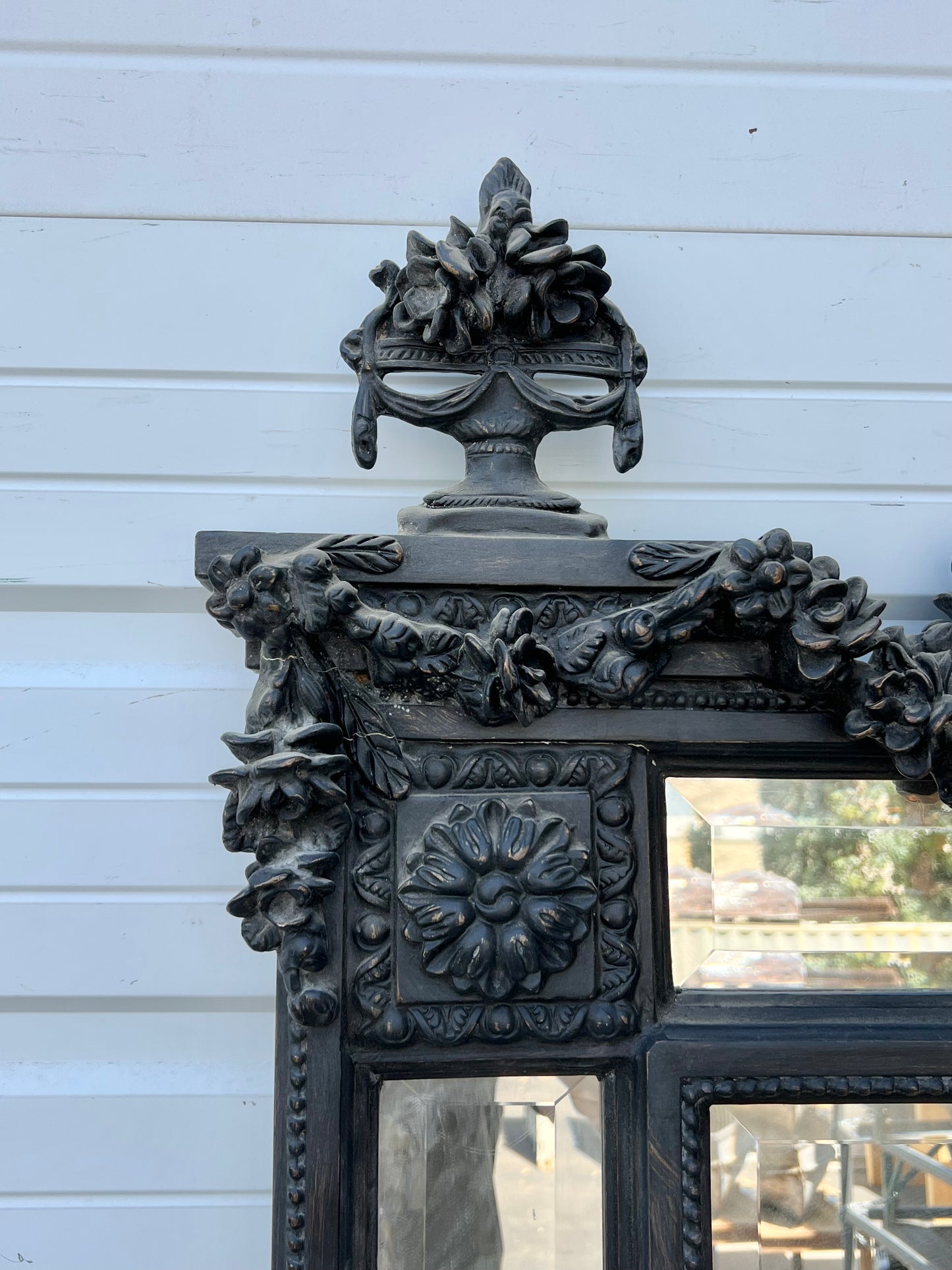 Black Carved and Painted Rectangle Wood Mirror