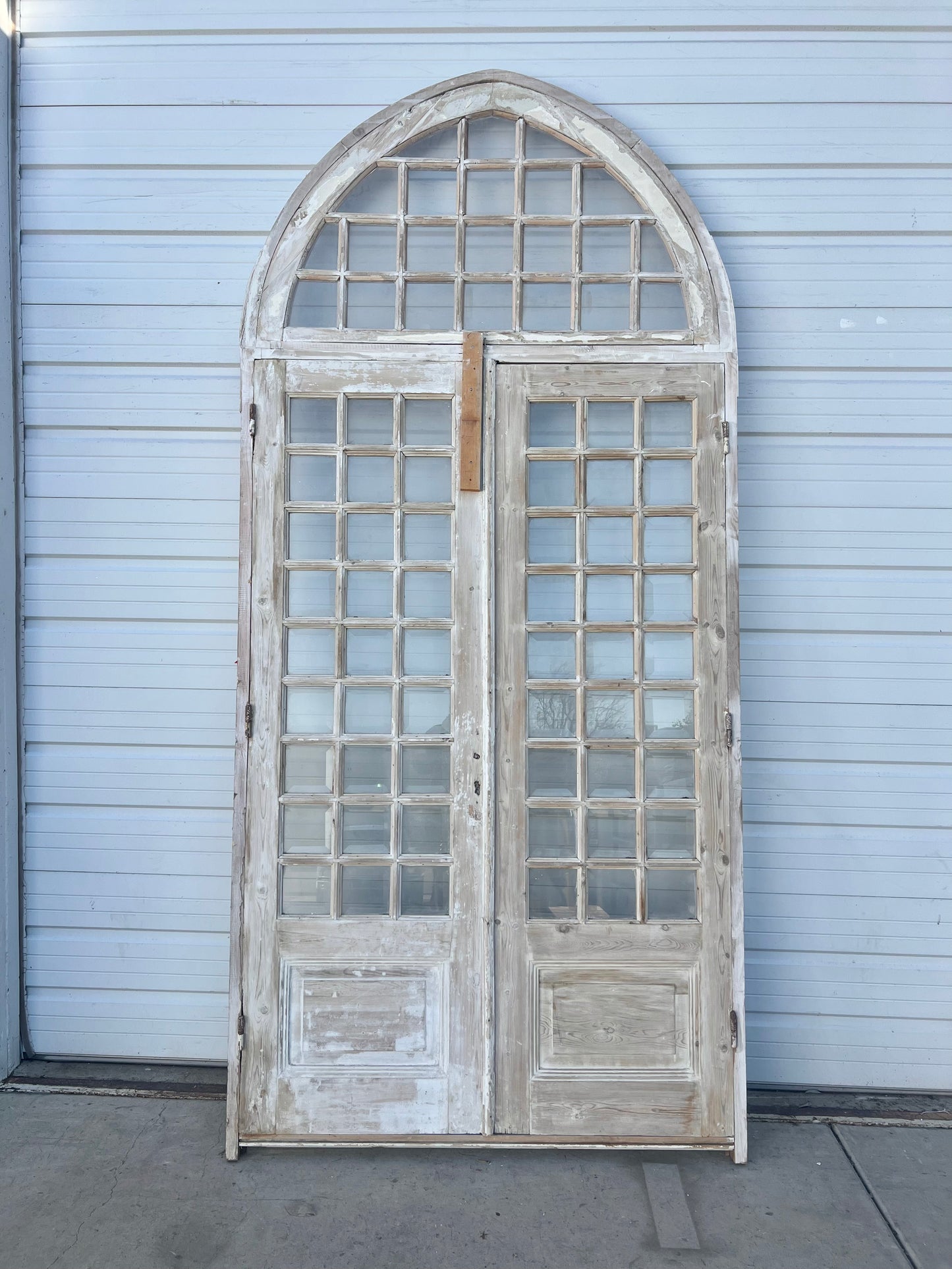 Pair of Antique Bleached Wood Doors w/Arched Transom Top