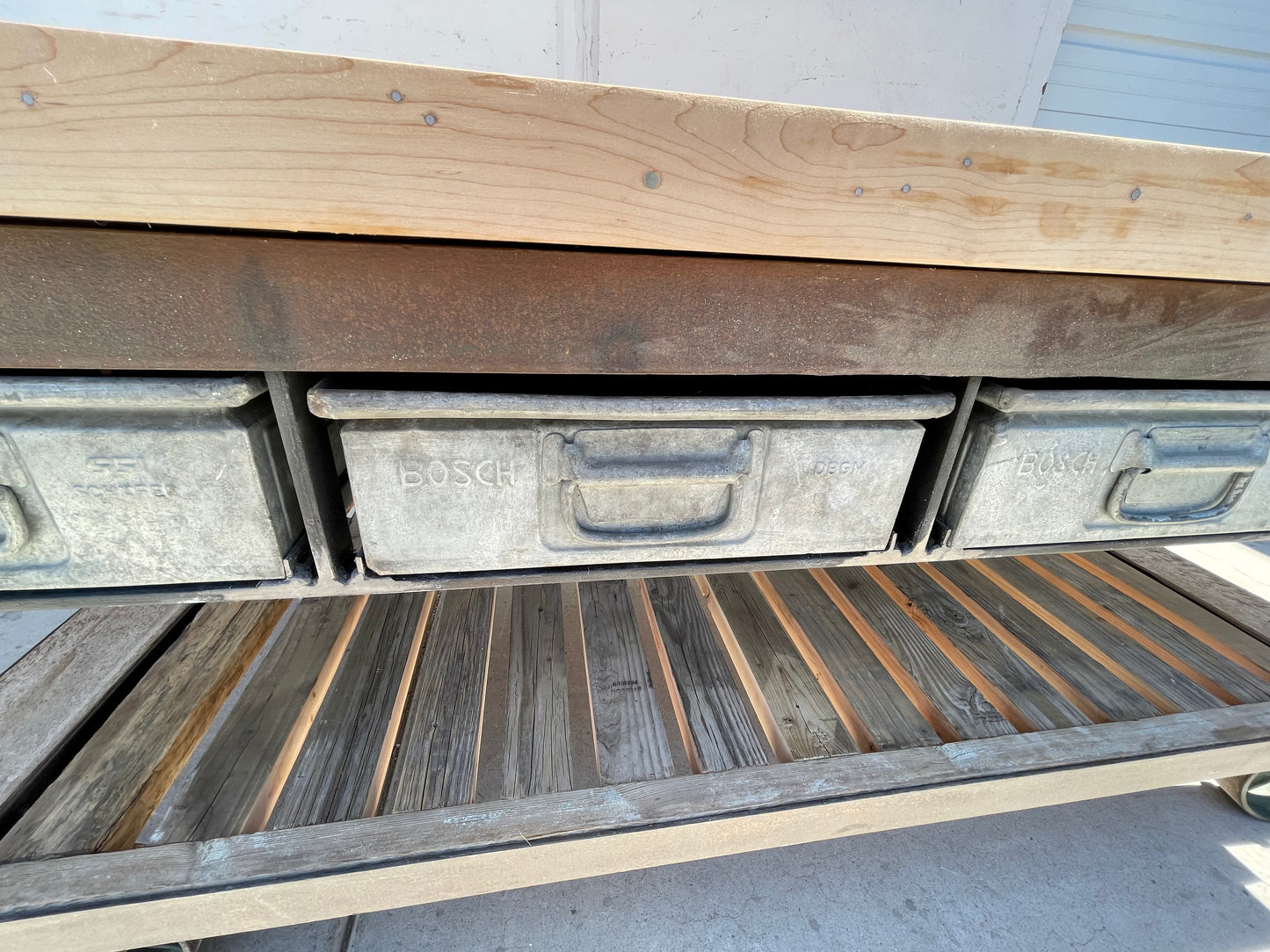 Rolling Butcher Block Island with 4 Metal Drawers