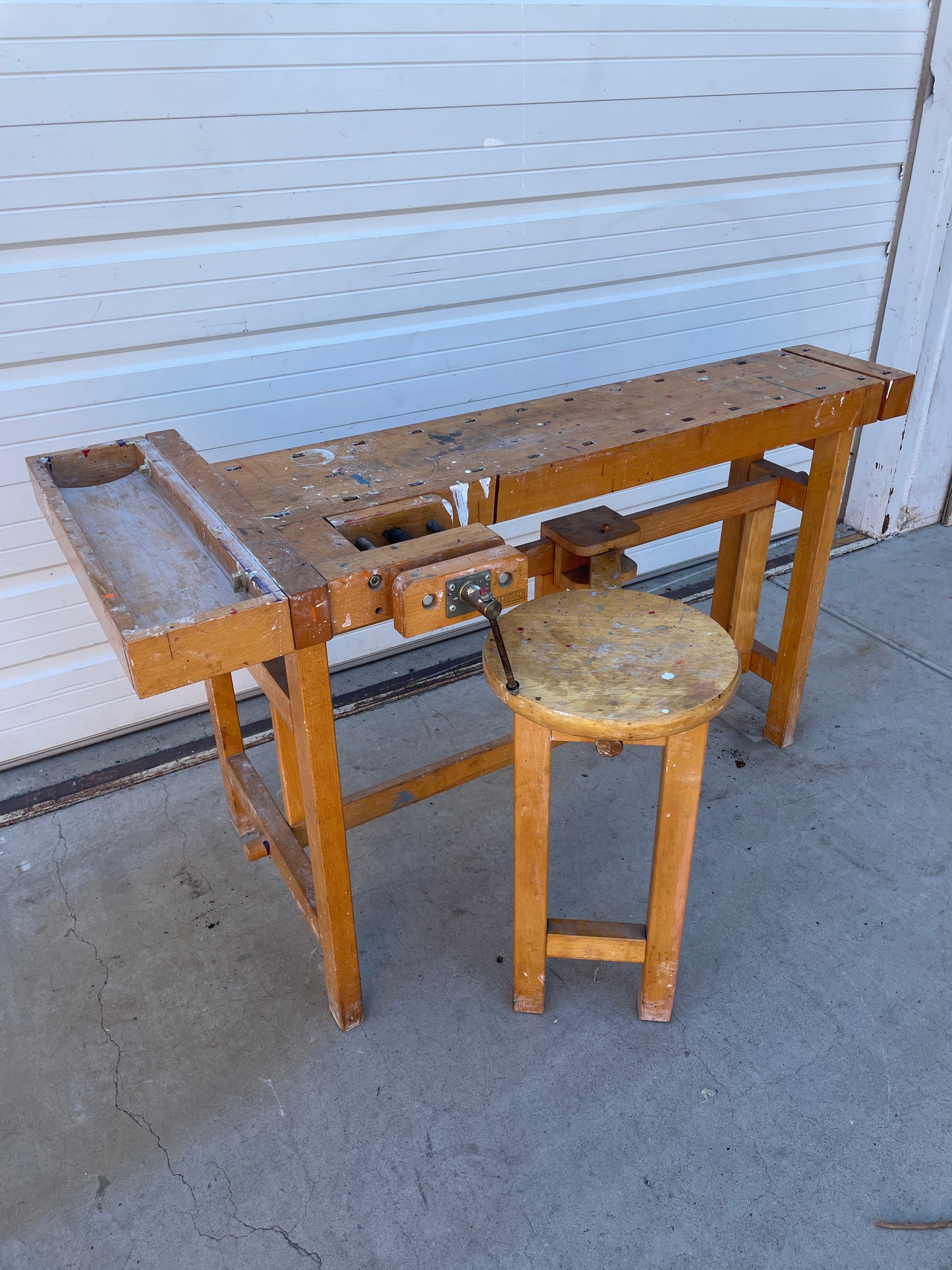 La Lervad Wooden Work Table with Removable Sliding Stool and Two Vices - Made in Denmark