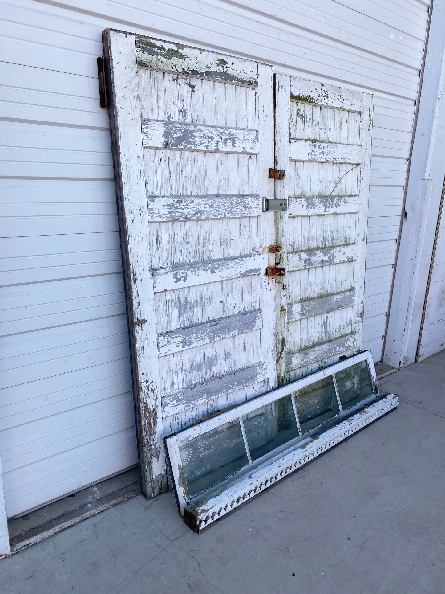 Pair of Antique White Barn Doors with Transom