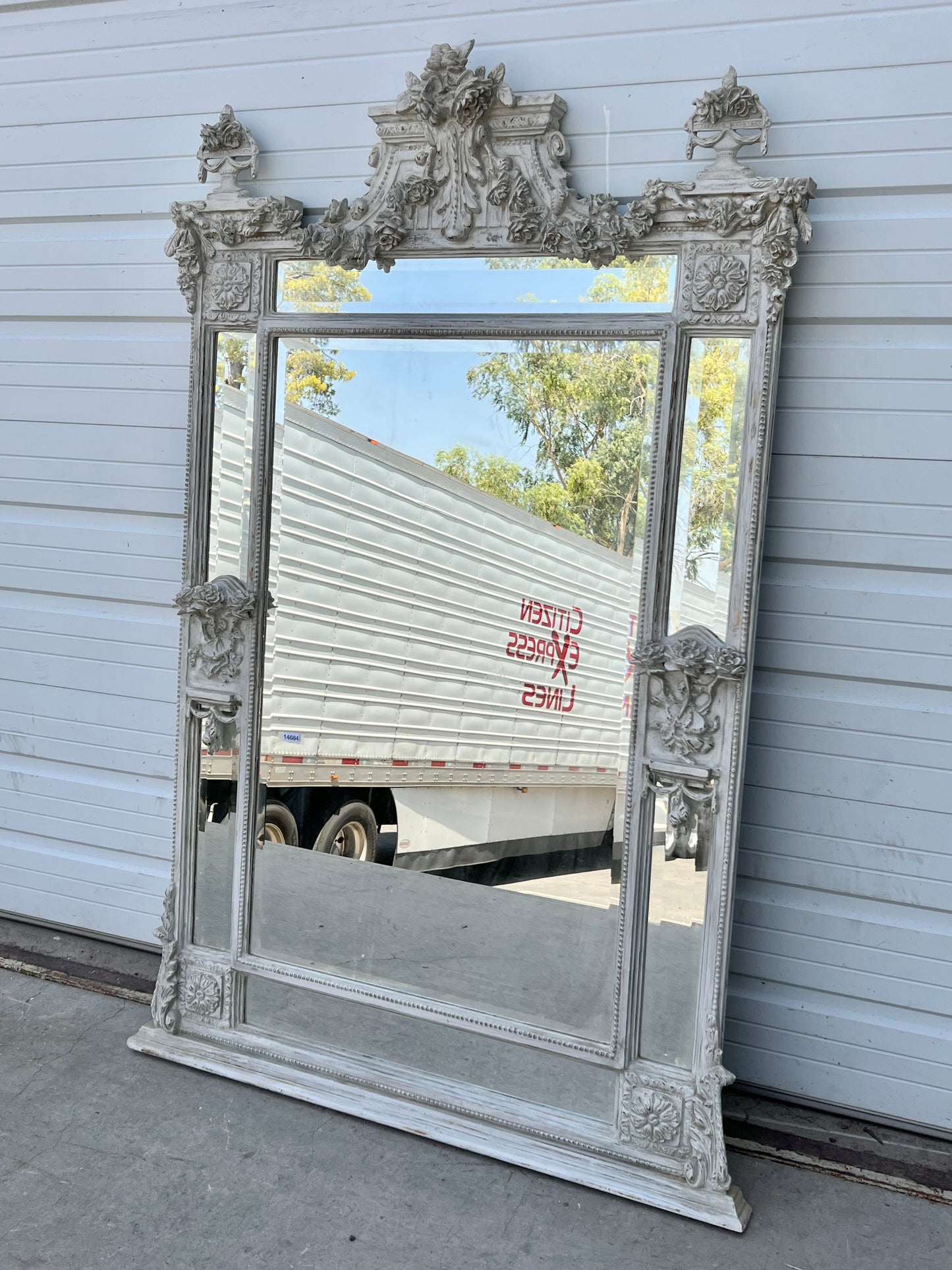 Grey Carved and Painted Rectangle Wood Mirror