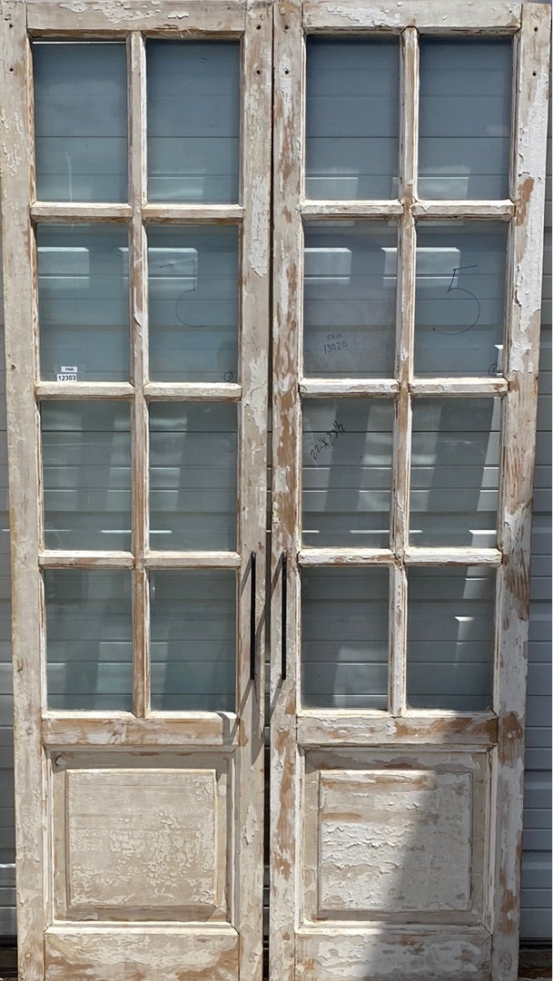 Pair of 8 Lite White Washed Wood French Antique Doors