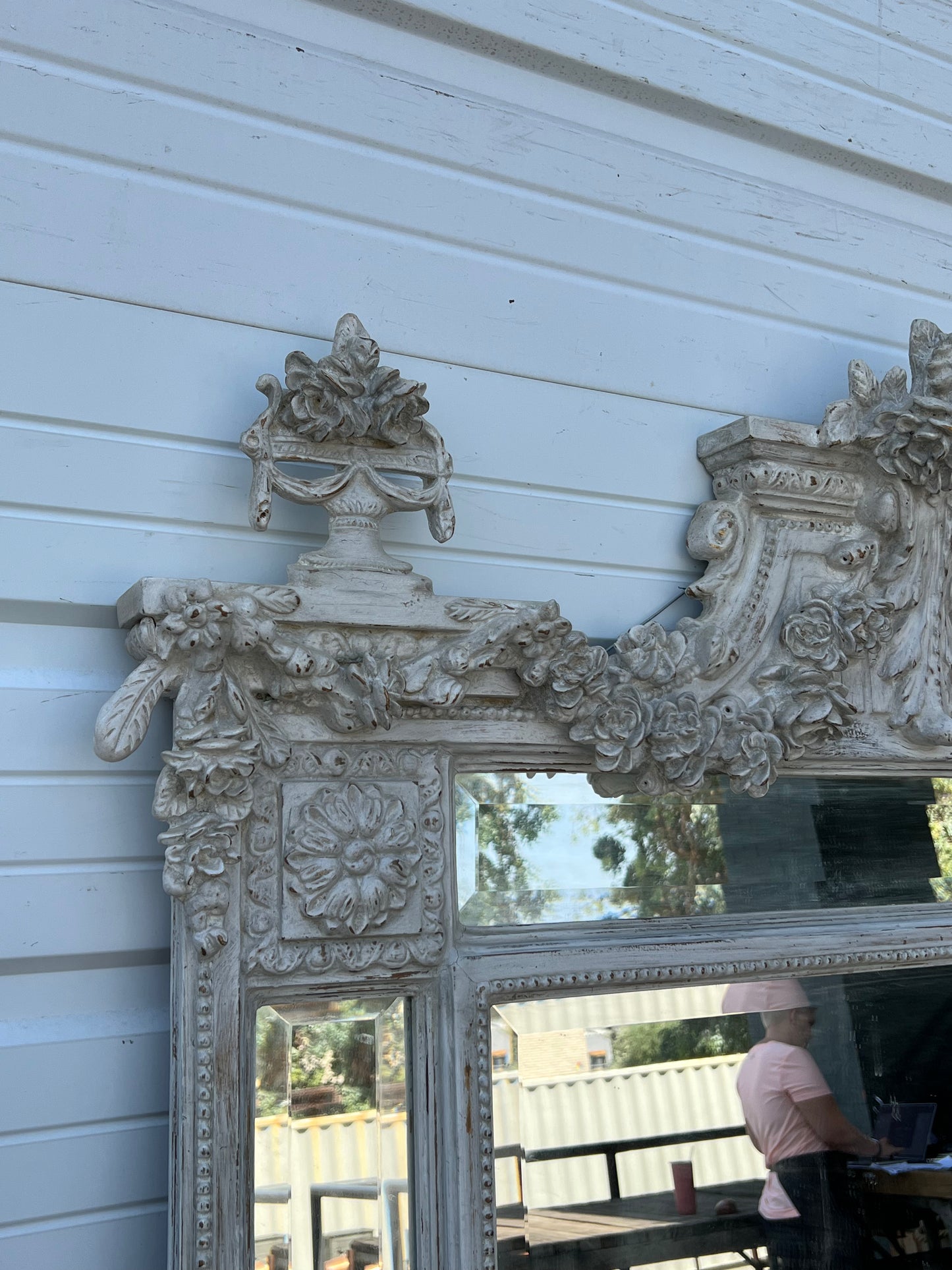 Grey Carved and Painted Rectangle Wood Mirror