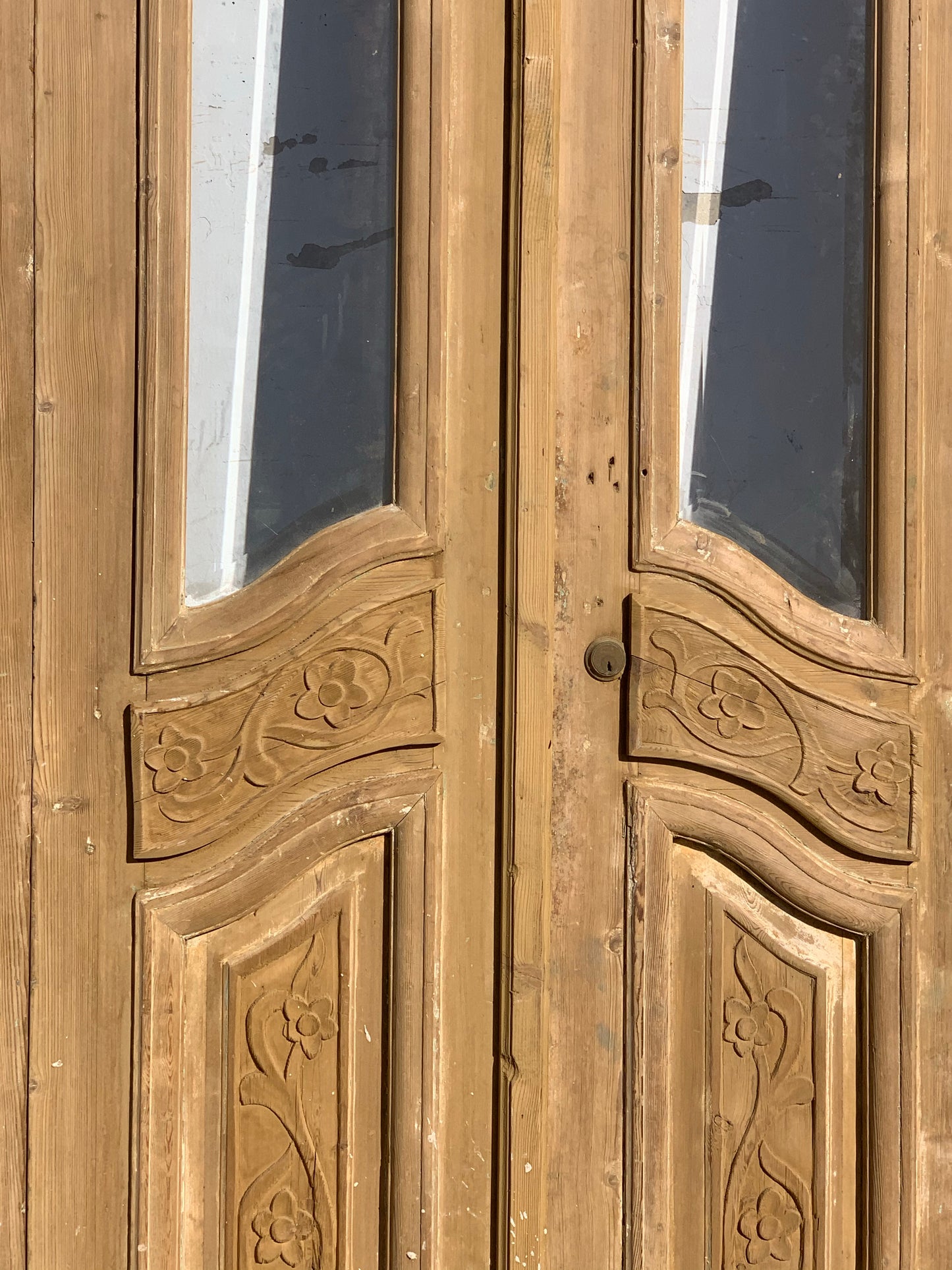 Set of 4 Carved Antique Doors with Iron Scroll Transom