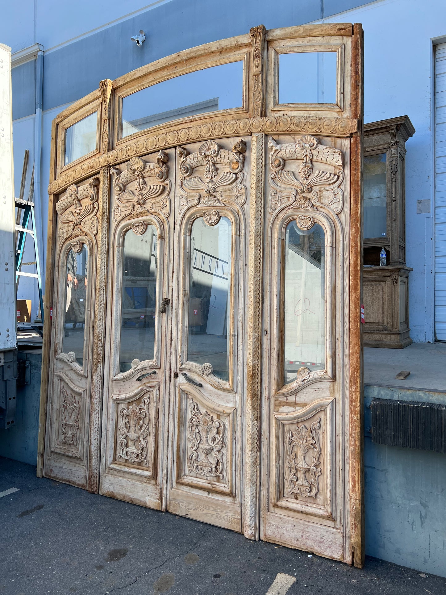 Set of 4 Arched Antique Wood Doors w/Transom and 7 Lites