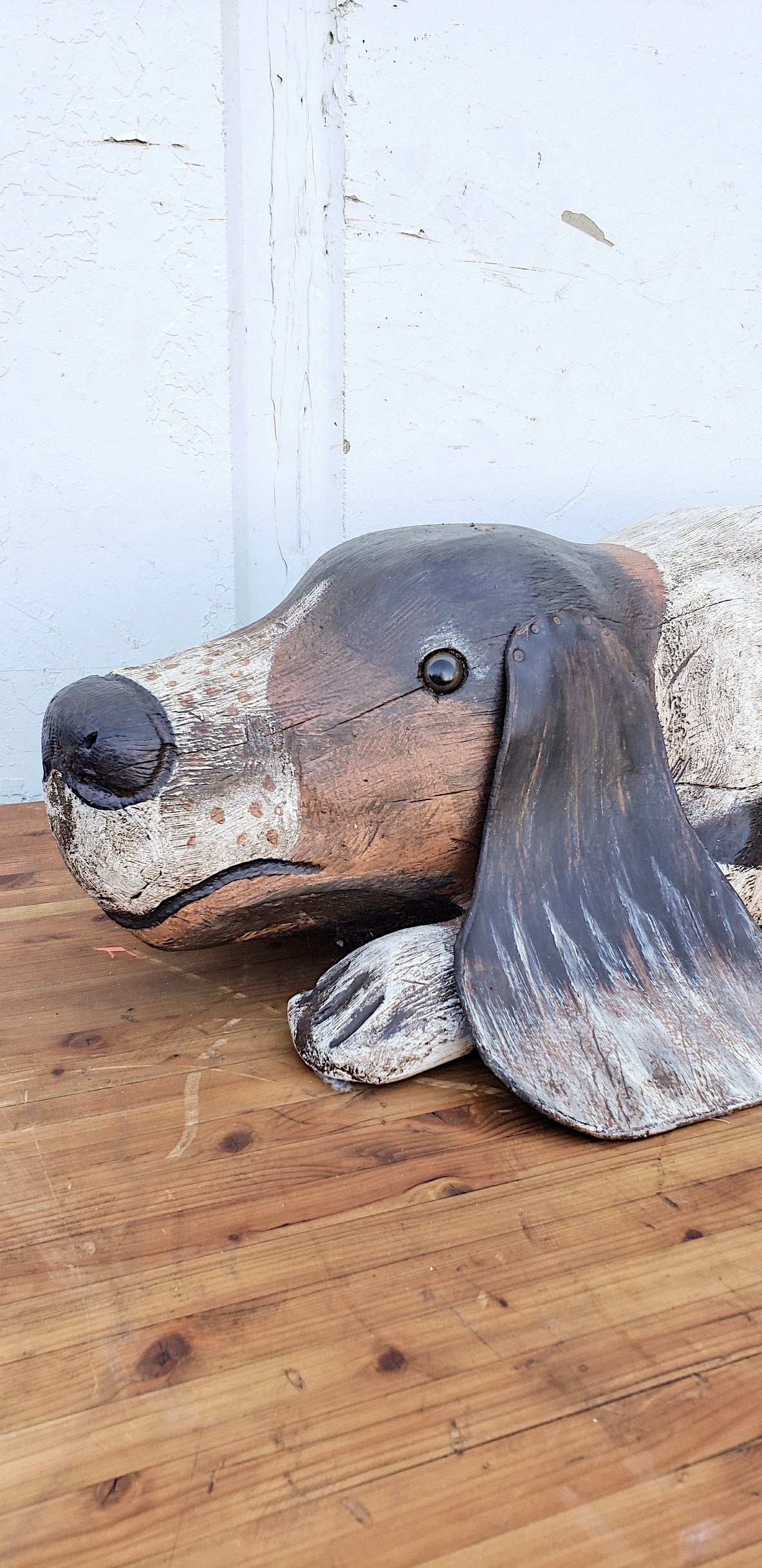 Reclining Wooden Dog Folk Art Sculpture