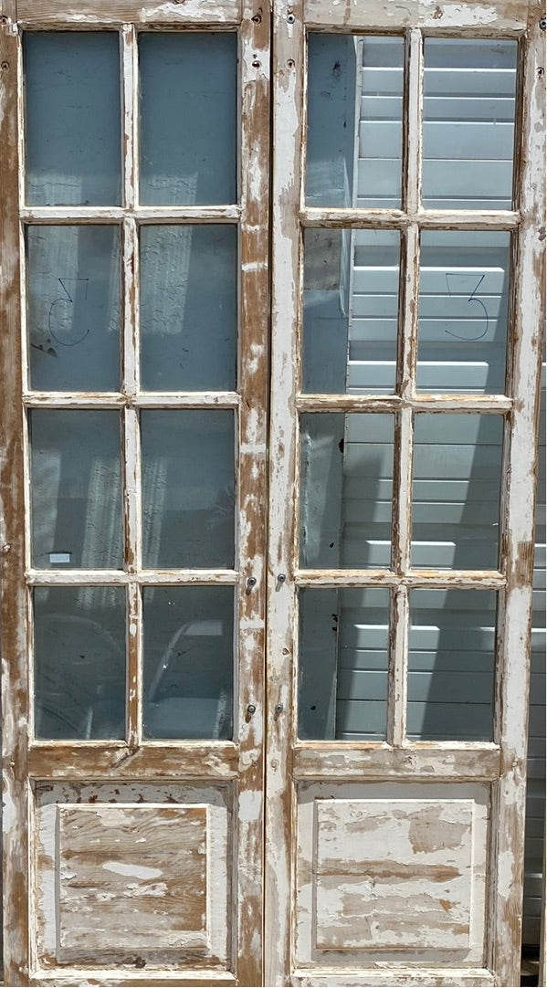 Pair of 8 Lite White Washed Wood French Antique Doors