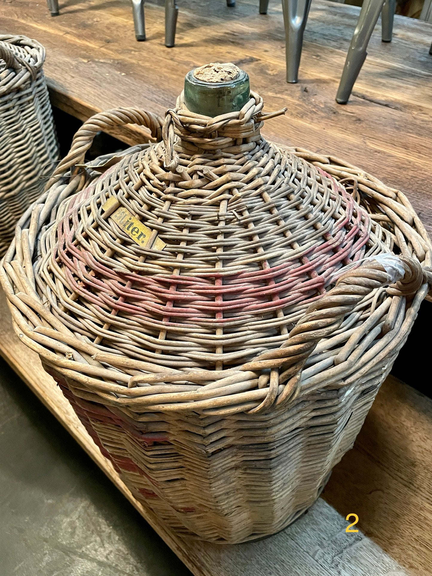 Antique Glass Demijohn Wine Bottle in Wicker Basket
