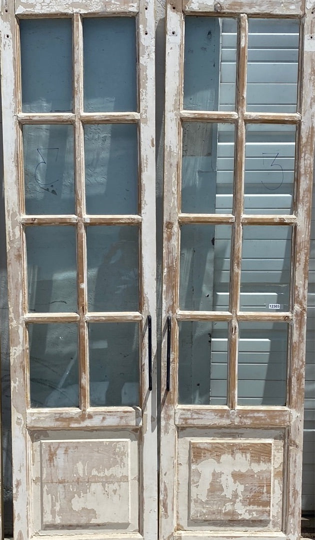 Pair of 8 Lite White Washed Wood French Antique Doors