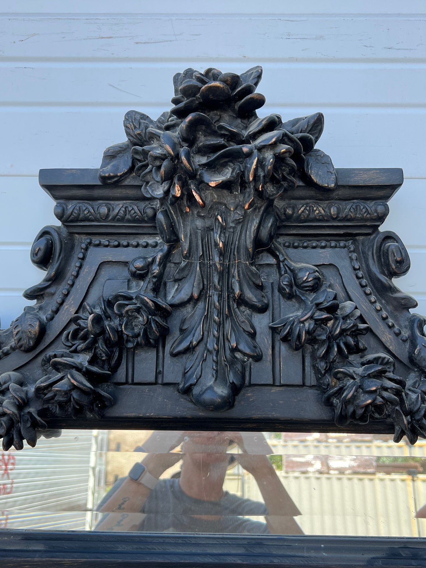 Black Carved and Painted Rectangle Wood Mirror