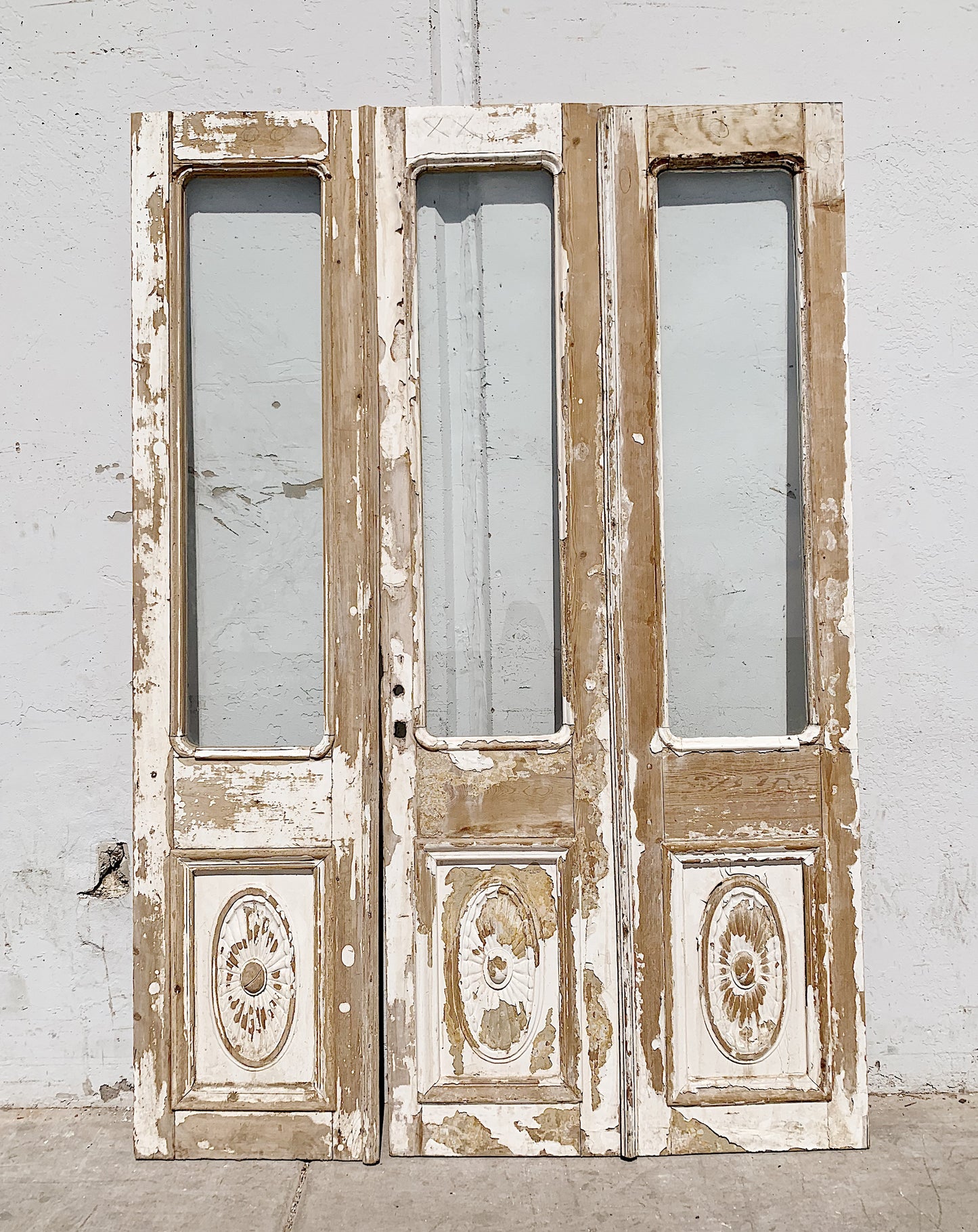 Set of 3 Panel Wood Carved Doors with Half Glass Lite