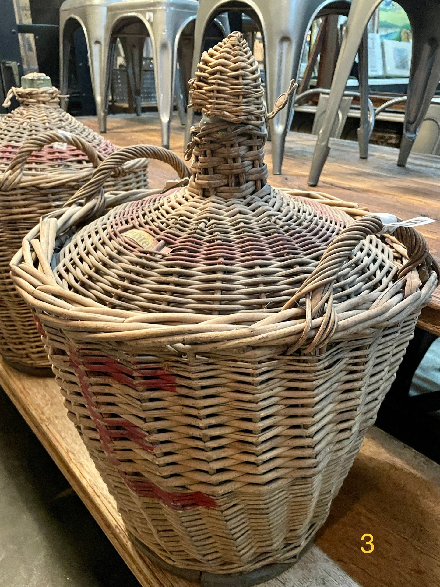 Antique Glass Demijohn Wine Bottle in Wicker Basket
