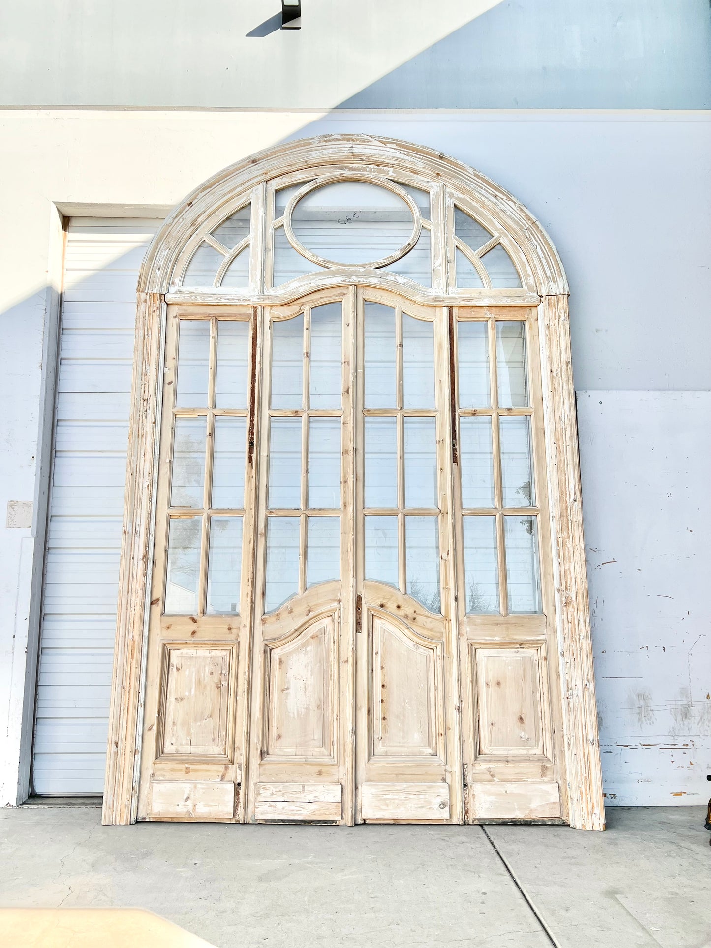 Set of 4 Antique French Doors with 24 Lites and Arched Transom Window