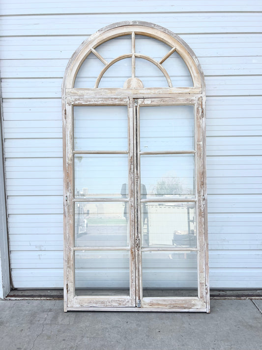 Pair of Washed Doors/Windows with w/8 Lites and Arched Transom