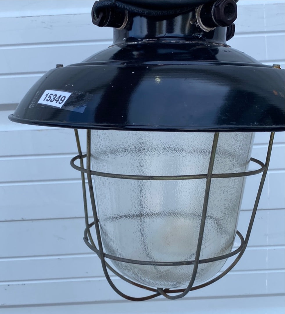 Enamel Industrial Pendant Light with Glass Globe and Cage