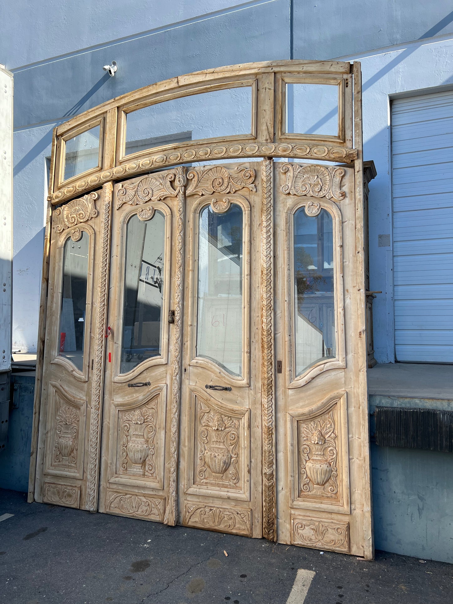 Set of 4 Antique Arched Carved Wood Doors with Transom