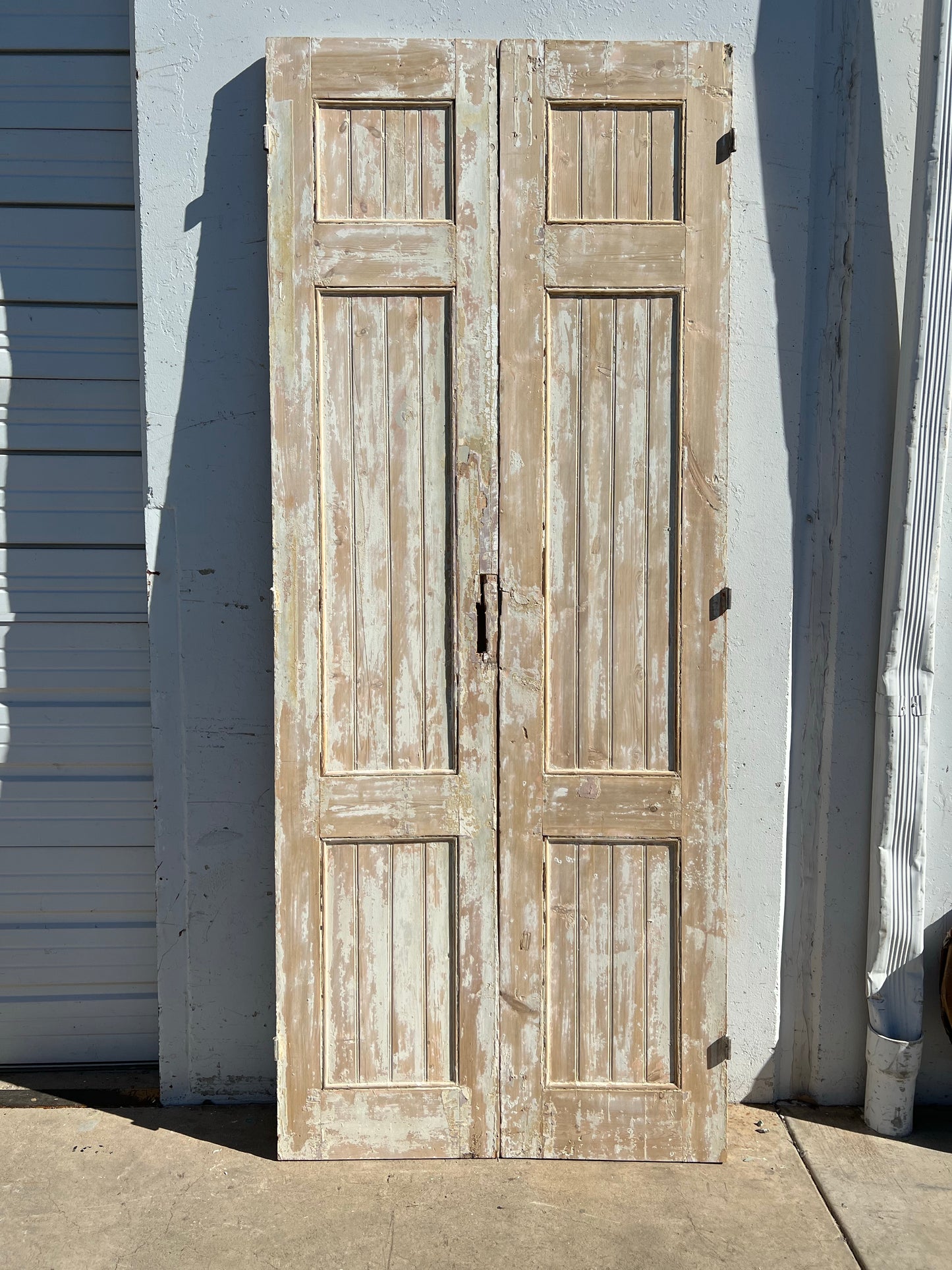 Pair of Washed Antique Solid Wood 3-Panel French Doors