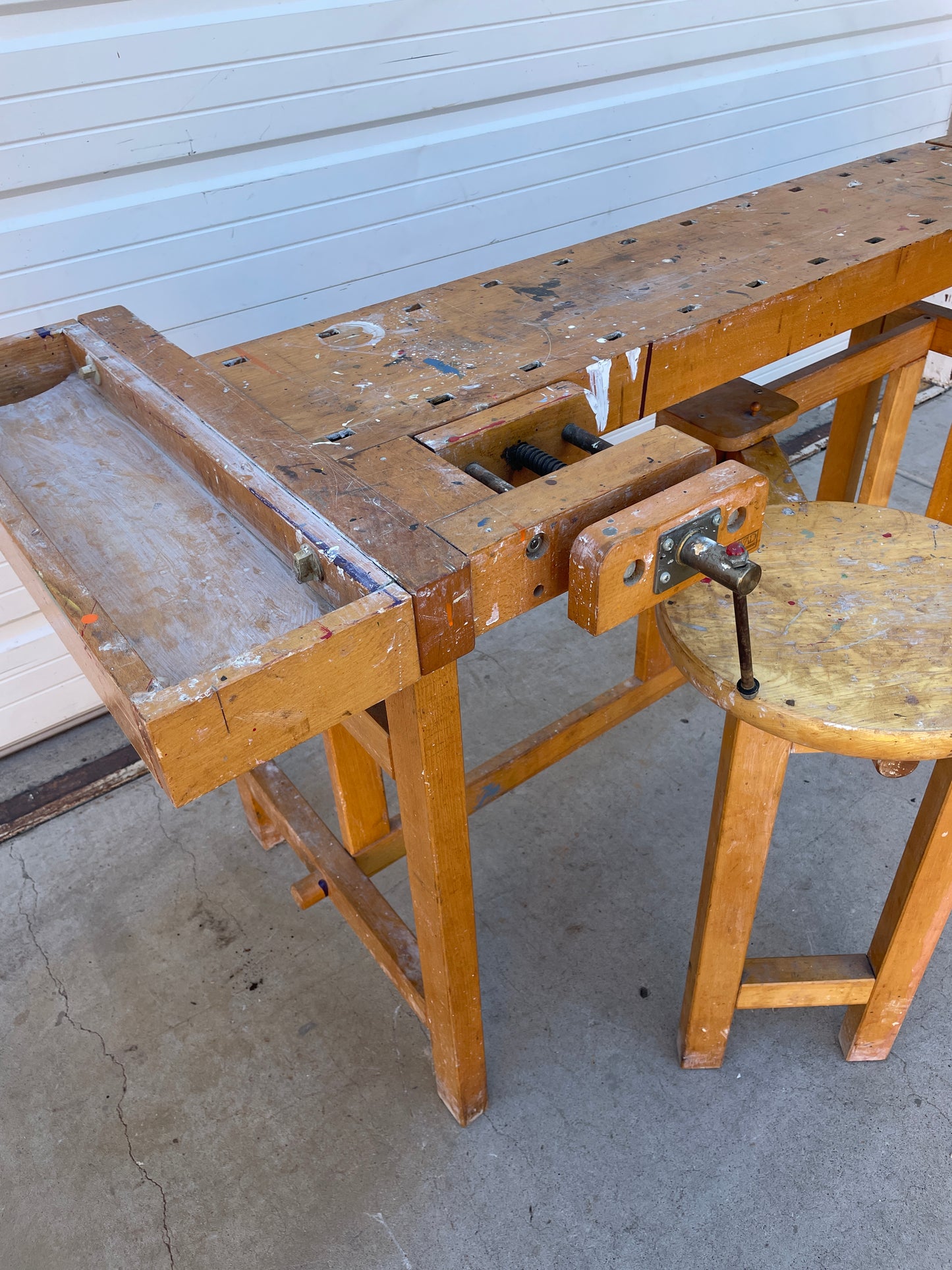 La Lervad Wooden Work Table with Removable Sliding Stool and Two Vices - Made in Denmark