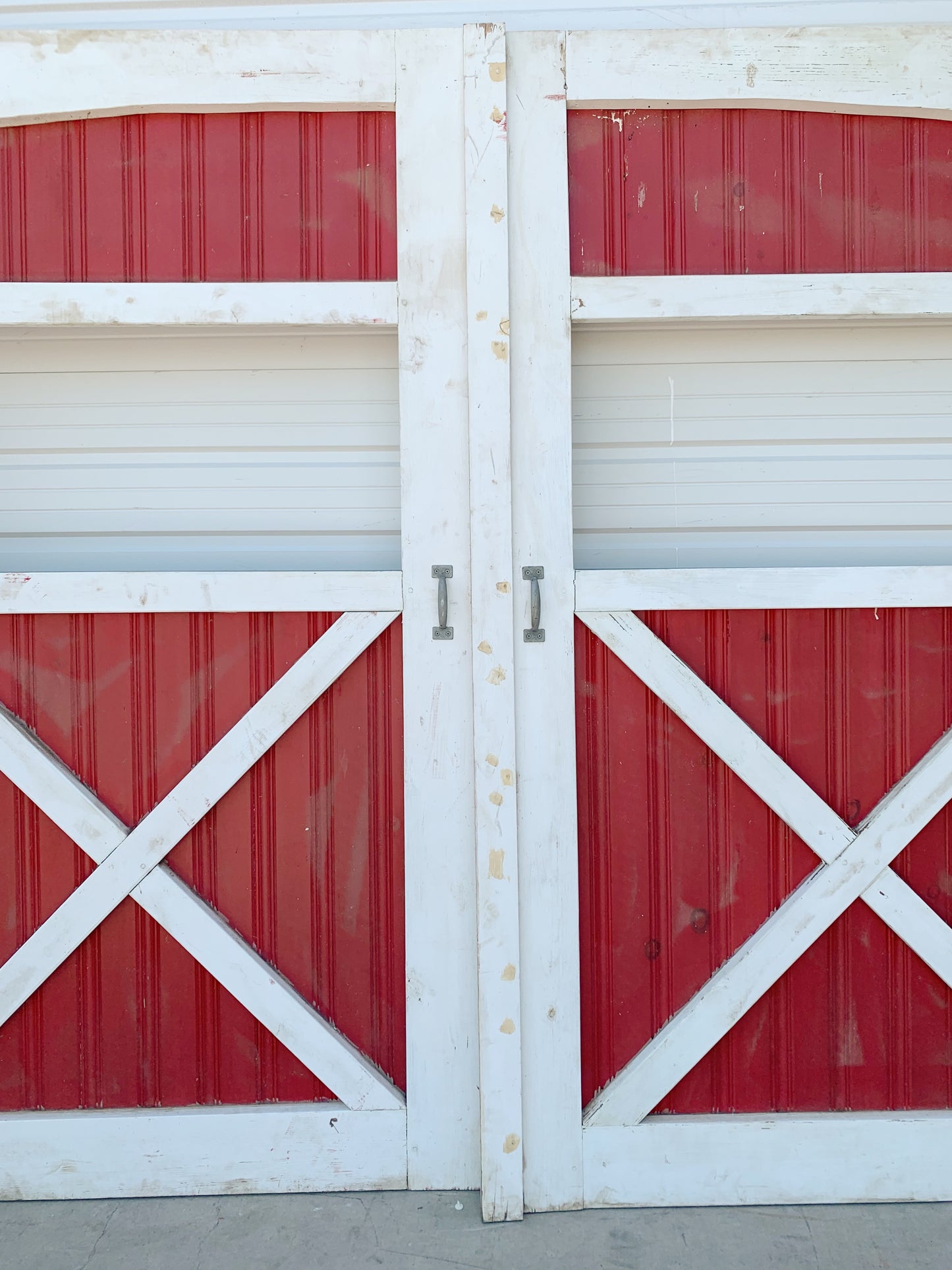Pair of 3 Panel Red and White Antique Barn Doors