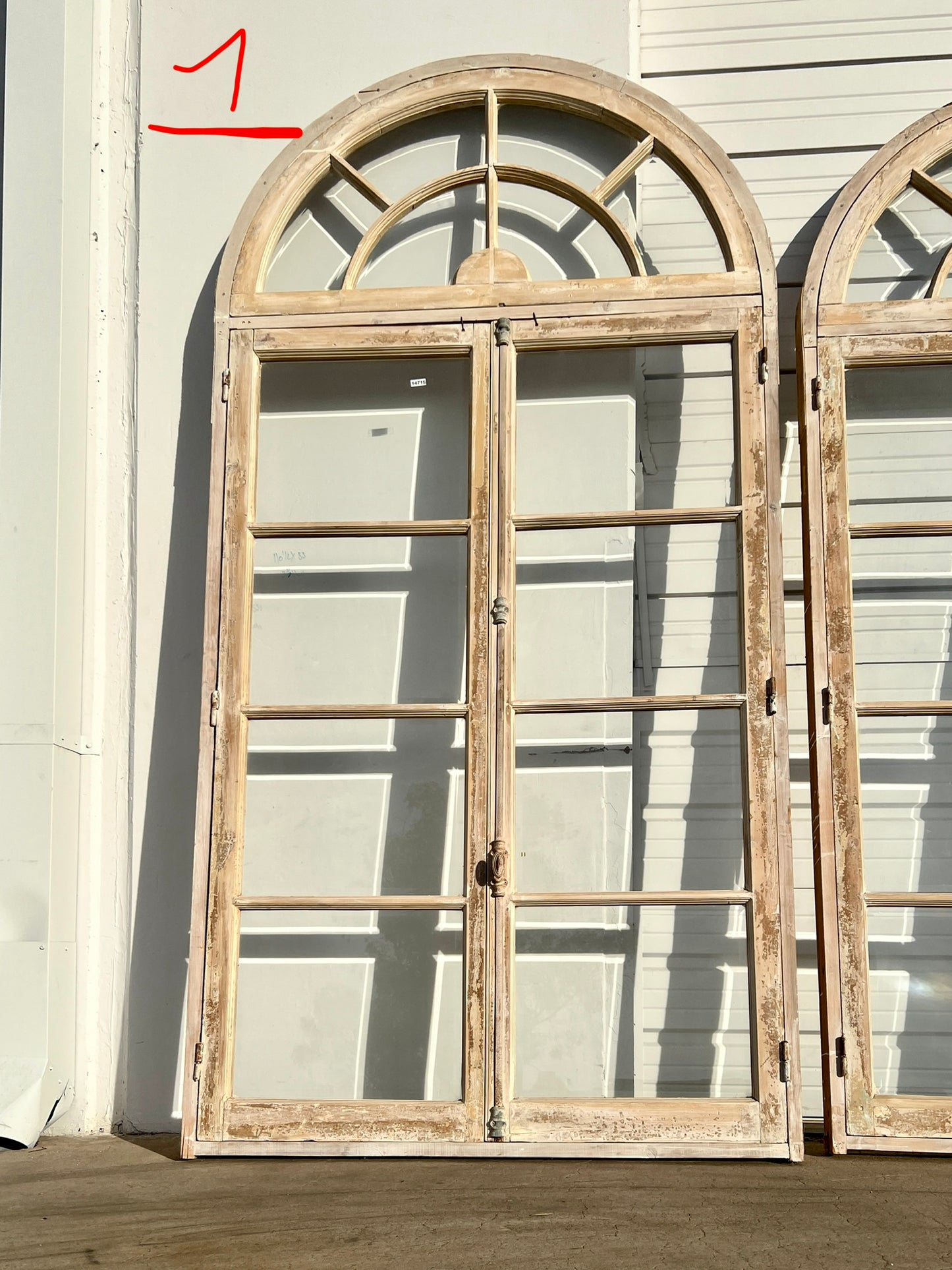 Pair of Washed Doors/Windows with w/8 Lites and Arched Transom