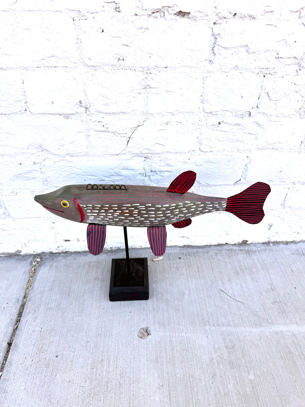 Hand-Carved Folk Art Northern Pike Fish Sculpture on Stand
