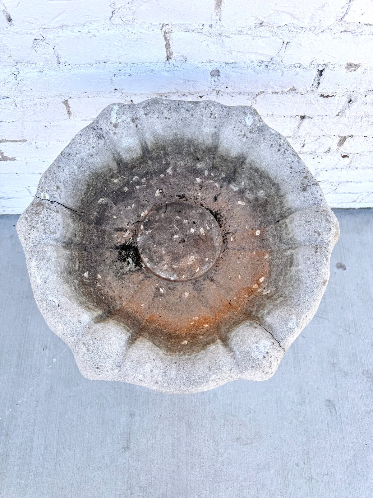 Vintage Scalloped Pedestal Concrete Bird Bath