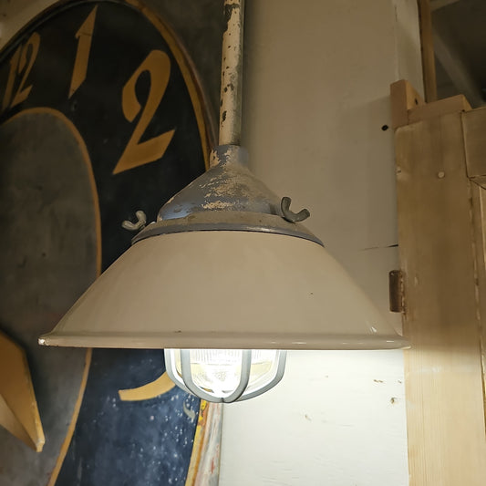 White Enamel Pendant Light with Galvanized Cage