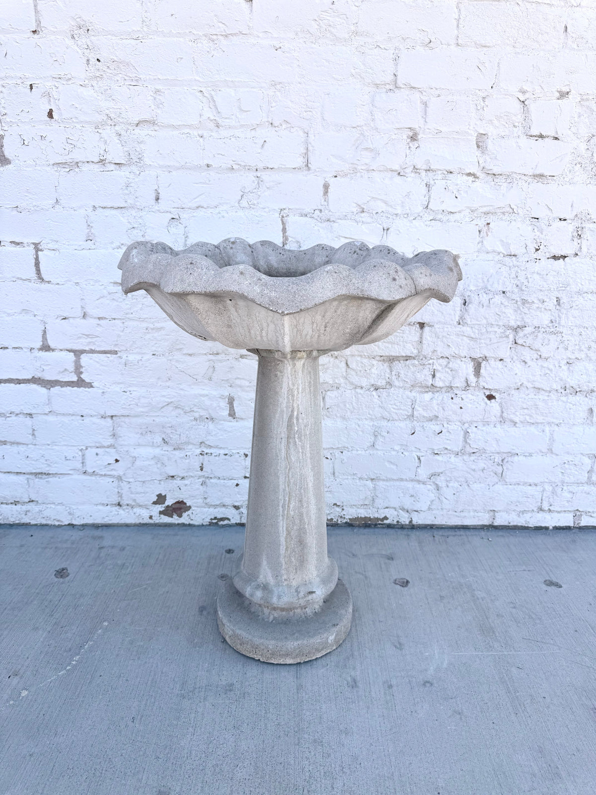 Vintage Scalloped Pedestal Concrete Bird Bath