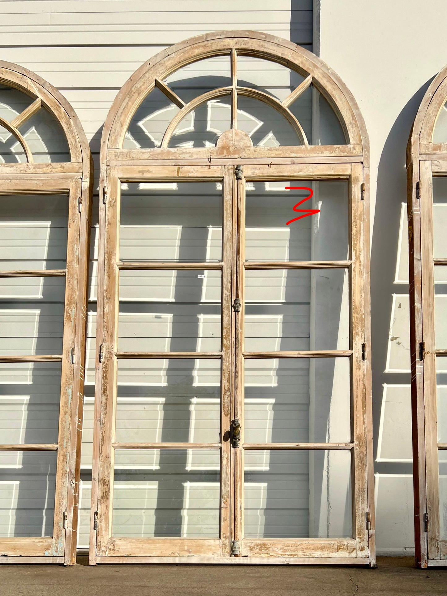 Pair of Washed Doors/Windows with w/8 Lites and Arched Transom