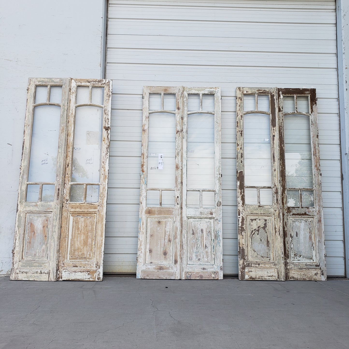 Pair of 5 Lite Washed Wood Antique French Doors