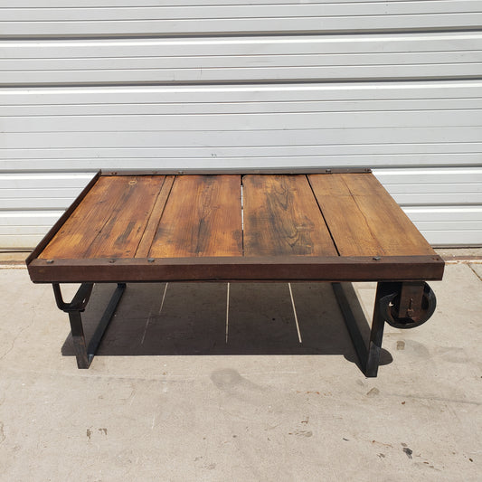 Repurposed Factory Coffee Table Trolley with Barn Wood Top