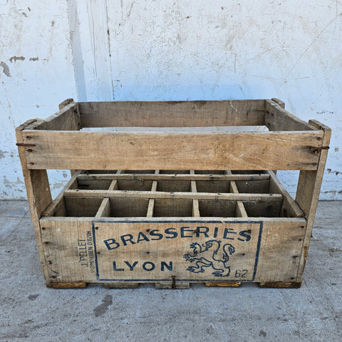 Antique "Brasserie Lyon" Wooden Bottle Carrier