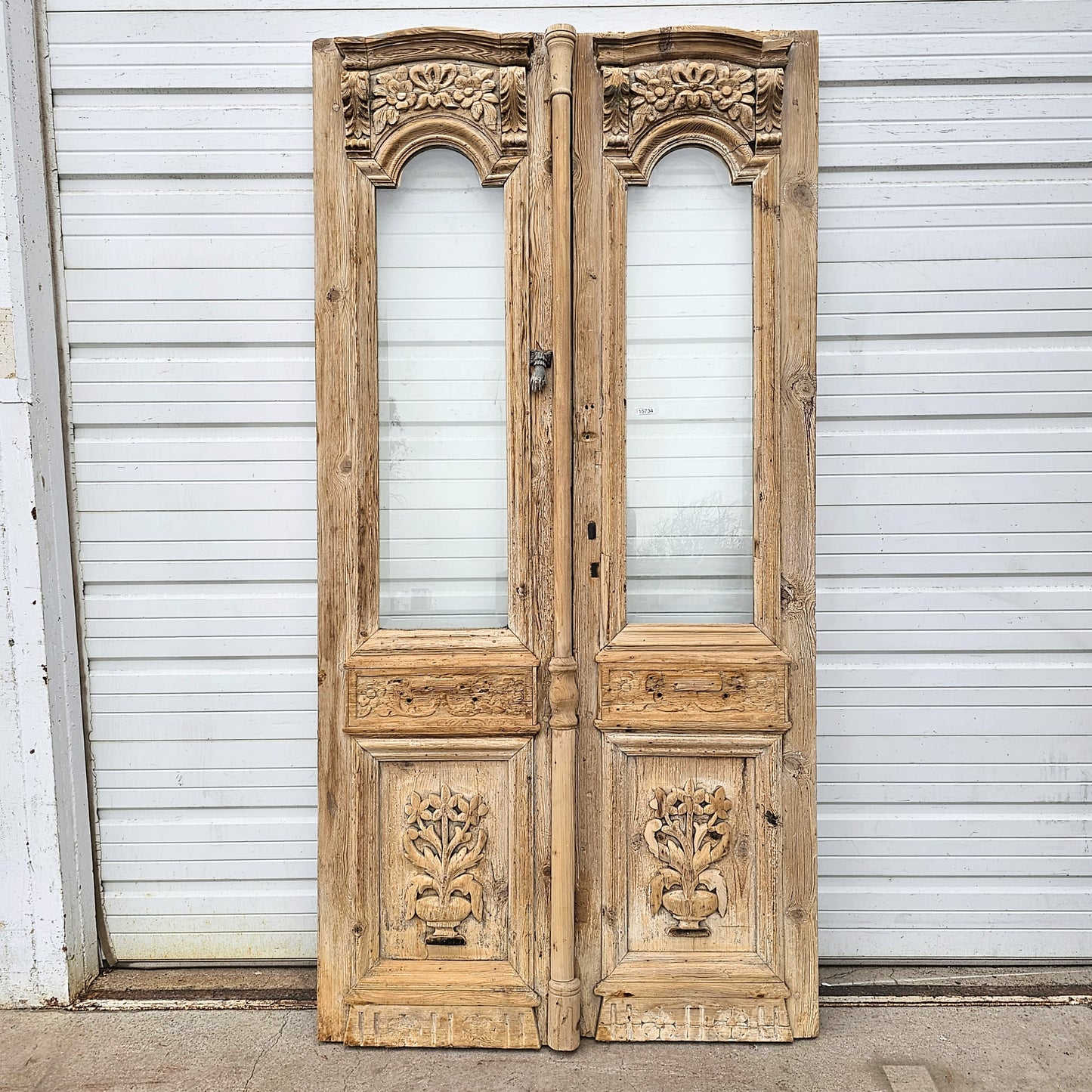 Pair of Carved Wood Doors w/2 Single Glass Lites