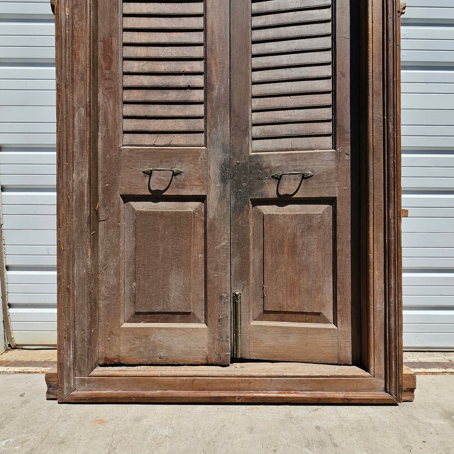 Pair of Wood Shuttered Doors with Glass Transom in Frame