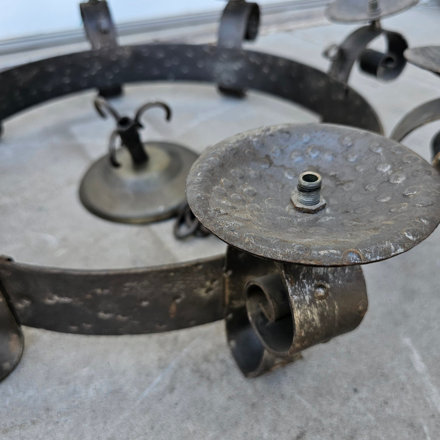 French Round, 8 Arm, Hammered Iron Light Pendant