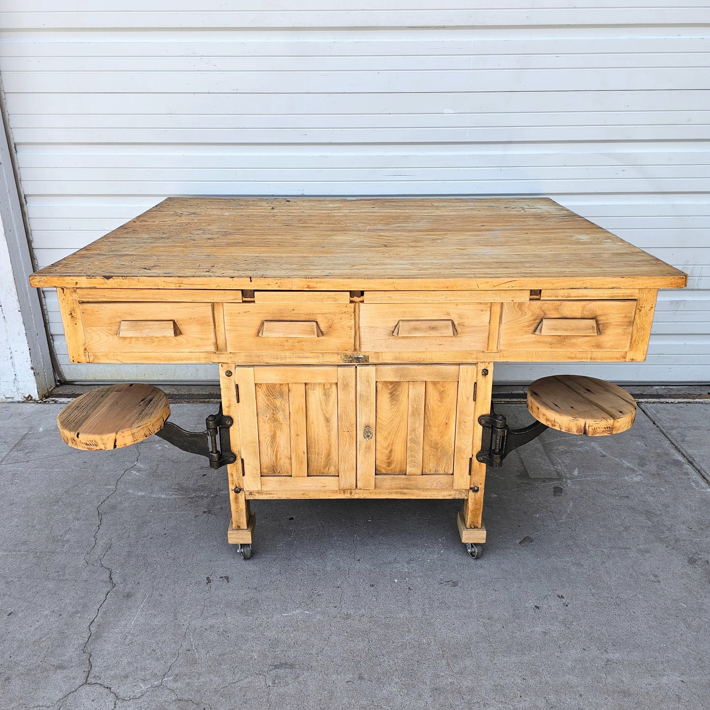 Bleached Work Table w/Swing Out Seats