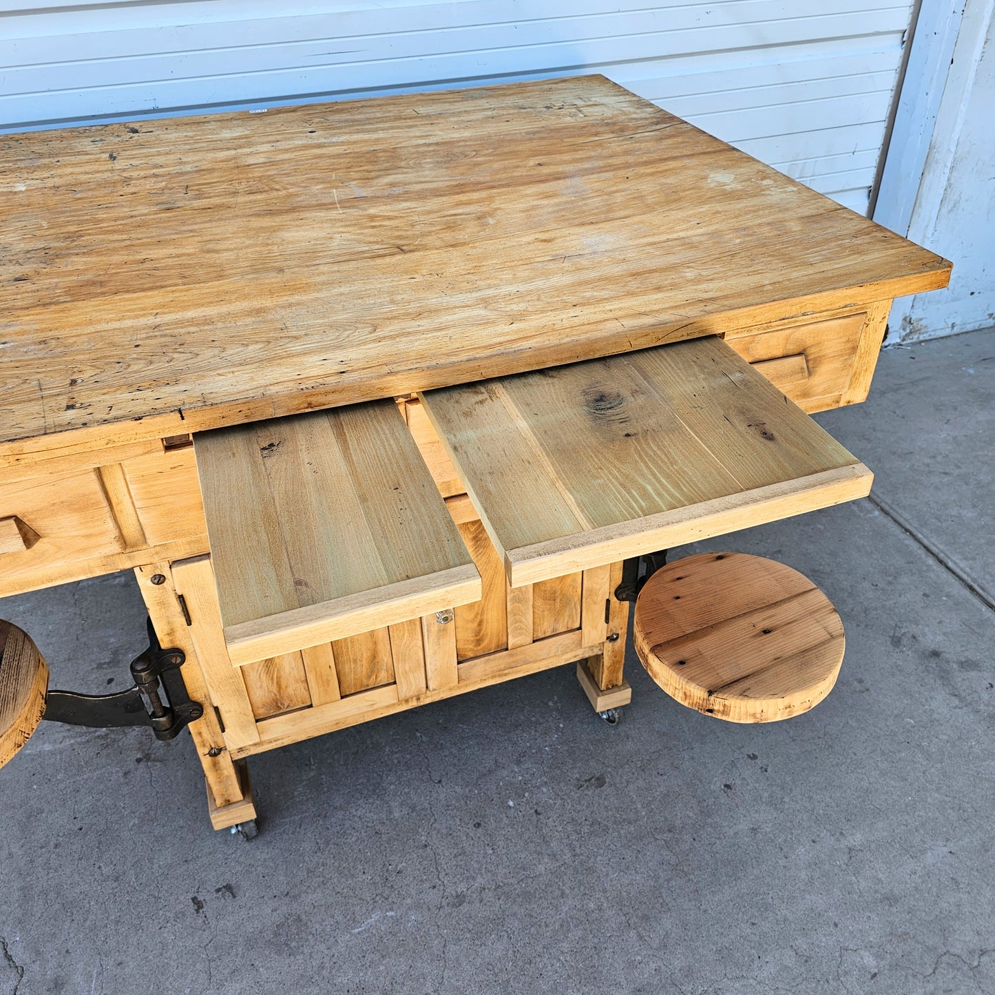 Bleached Work Table w/Swing Out Seats