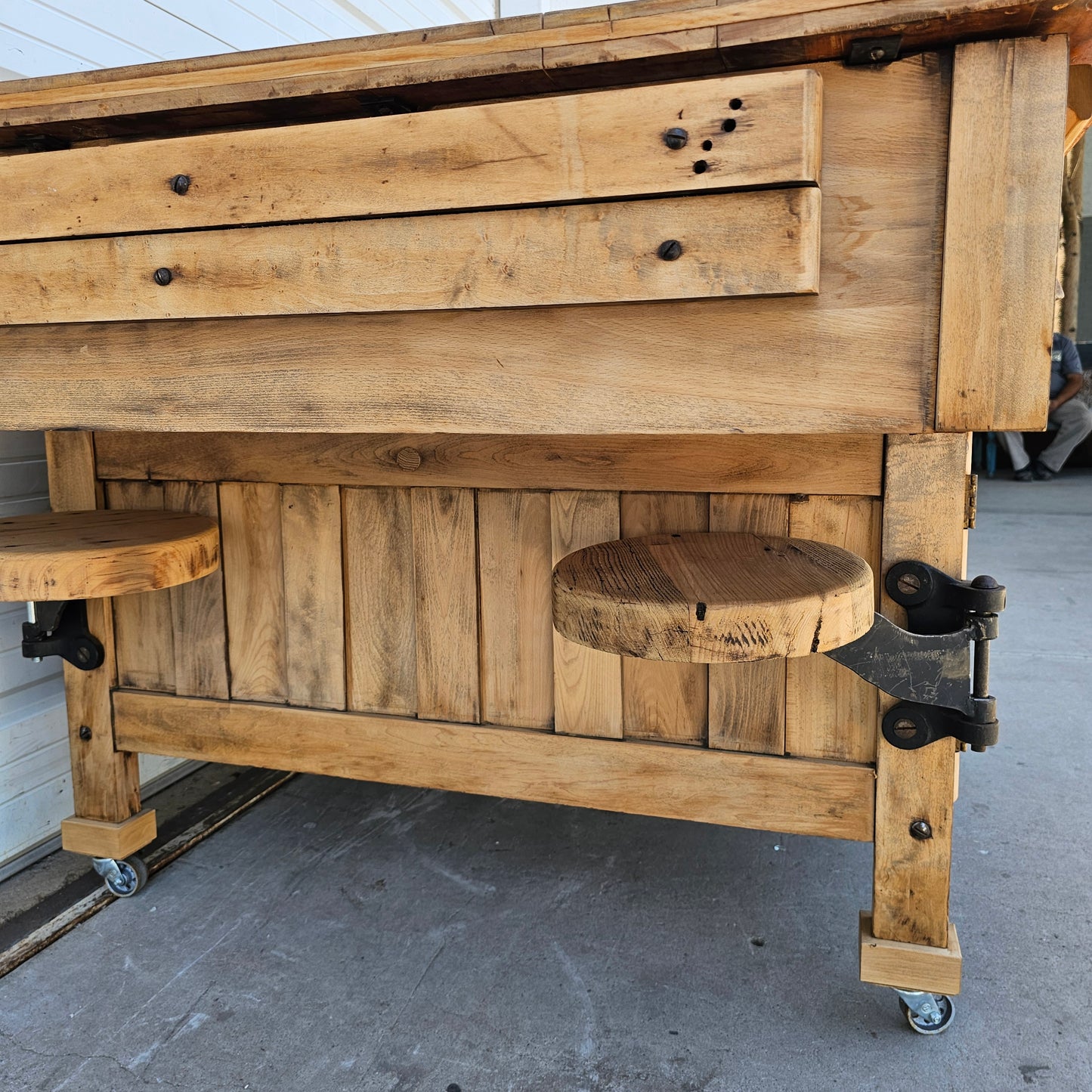 Bleached Work Table w/Swing Out Seats