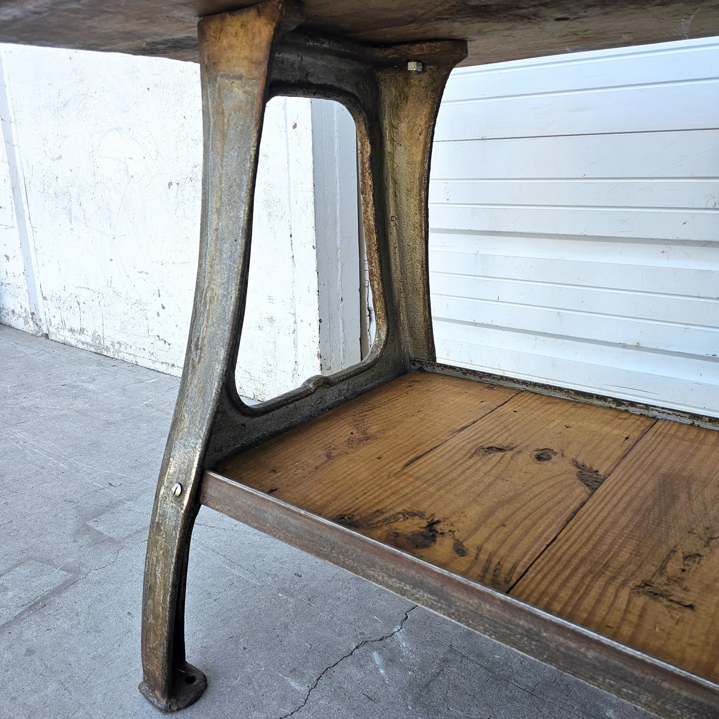 Large Industrial Console Table with Iron Base and Shelf