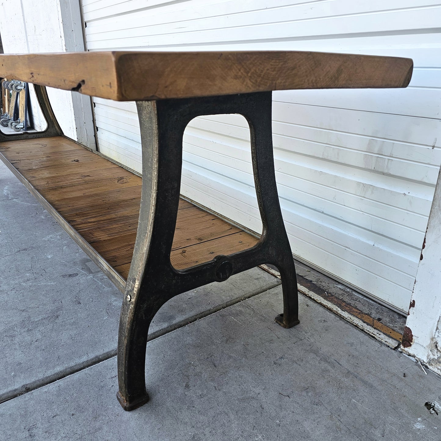 Large Industrial Console Table with Iron Base and Shelf