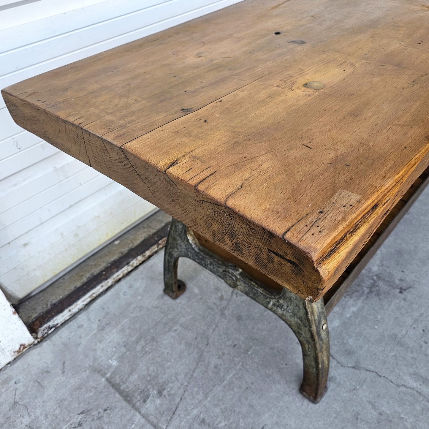 Large Industrial Console Table with Iron Base and Shelf