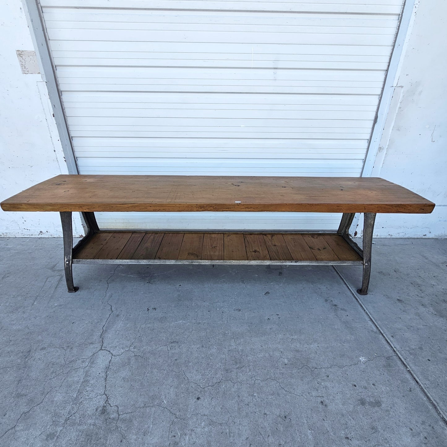 Large Industrial Console Table with Iron Base and Shelf